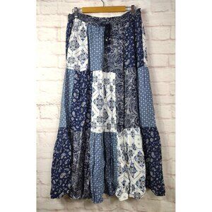 Style & Co Womens Patchwork Maxi Skirt Size L Blue White Floral Boho Tiered 2019